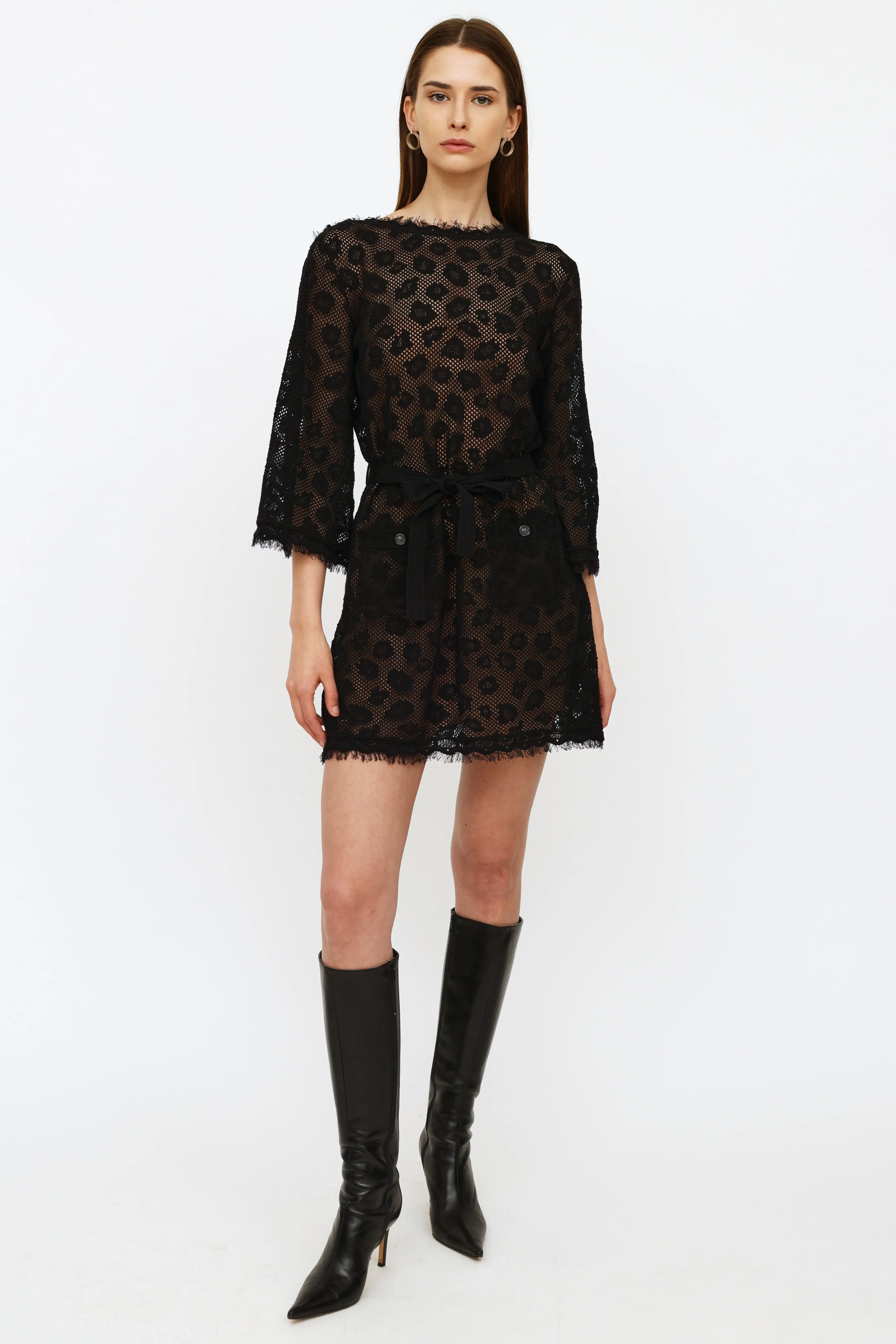 2022 Black Knit Mesh Mini Dress