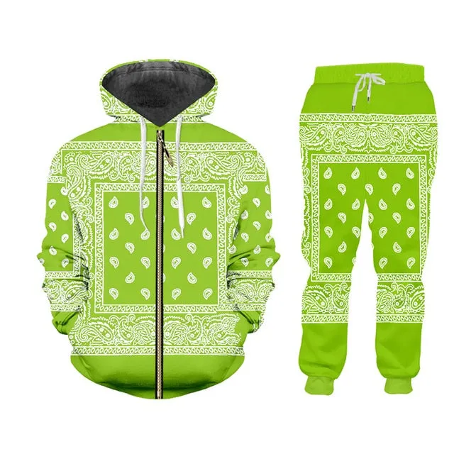 6XL Assorted Handkerchief Bandana Print Tracksuit Pullover or Zipper Front Hoodies w/ Pants Plus Size Women