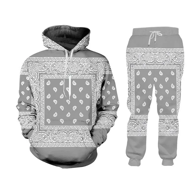 6XL Assorted Handkerchief Bandana Print Tracksuit Pullover or Zipper Front Hoodies w/ Pants Plus Size Women