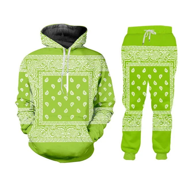 6XL Assorted Handkerchief Bandana Print Tracksuit Pullover or Zipper Front Hoodies w/ Pants Plus Size Women