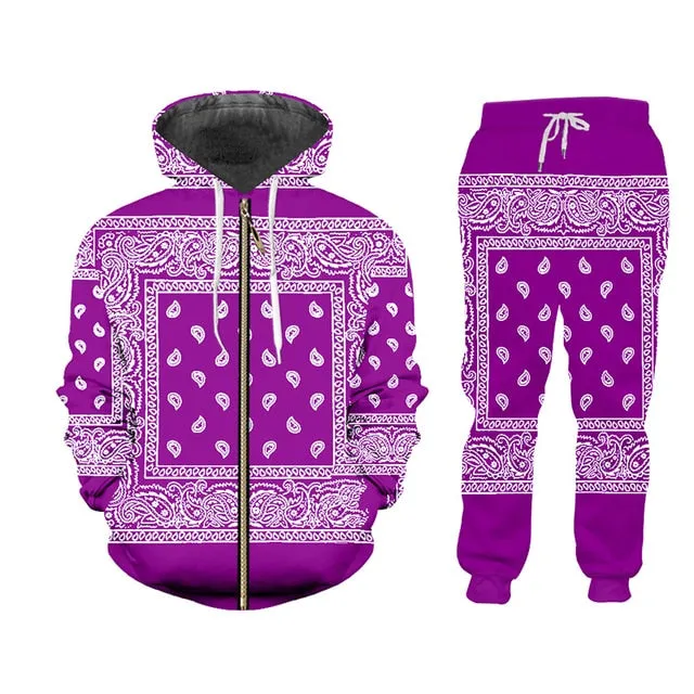 6XL Assorted Handkerchief Bandana Print Tracksuit Pullover or Zipper Front Hoodies w/ Pants Plus Size Women