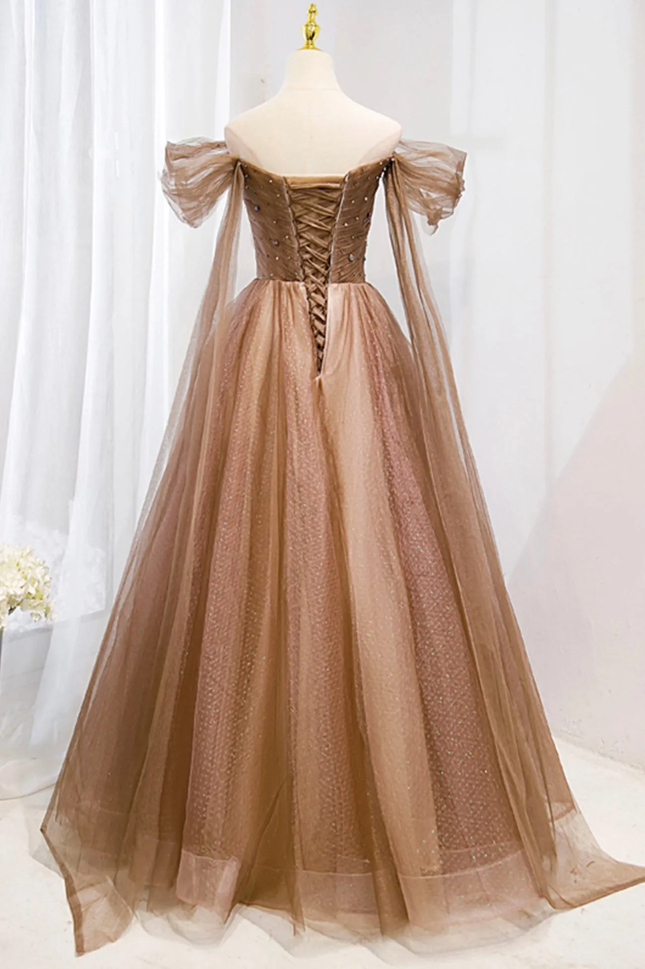 A-Line Tulle Beaded Long Formal Dress, Off the Shoulder Evening Dress