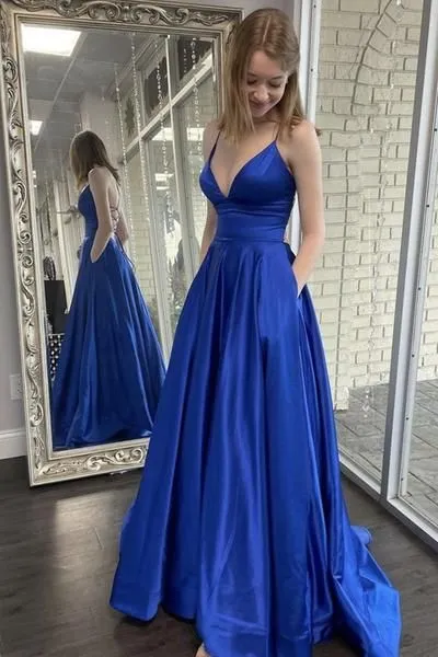 A Line V Neck Backless Royal Blue Satin Long Prom Dress with Pocket,Backless Long Royal Blue Formal Evening Dress,Graduation Dress,BP165