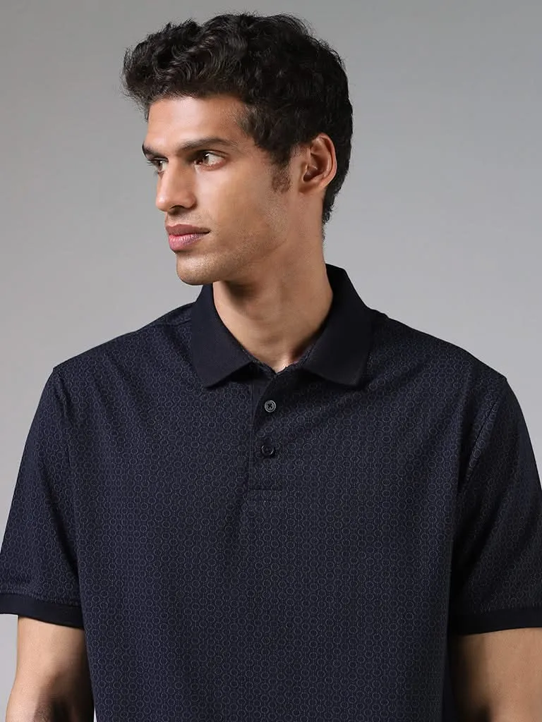 Ascot Navy Printed Cotton Blend Relaxed-Fit Polo T-Shirt