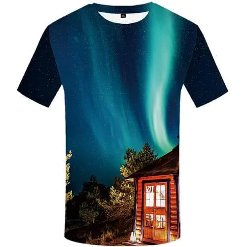 Aurora T-shirt Men Harajuku Shirt Print Forest Tshirts Novelty Russia T-shirts Graphic Northern Lights Tshirt Printed