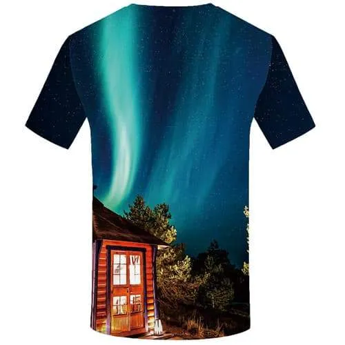 Aurora T-shirt Men Harajuku Shirt Print Forest Tshirts Novelty Russia T-shirts Graphic Northern Lights Tshirt Printed