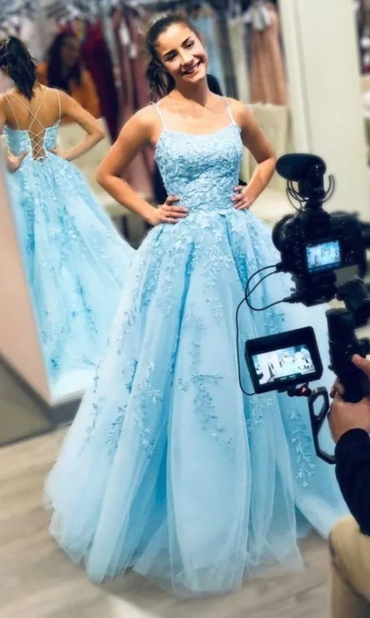 Ball Gown Blue Criss Cross Back Prom Dress