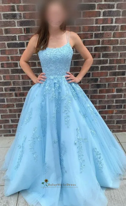 Ball Gown Blue Criss Cross Back Prom Dress