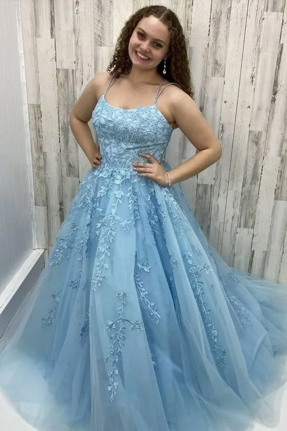 Ball Gown Blue Criss Cross Back Prom Dress