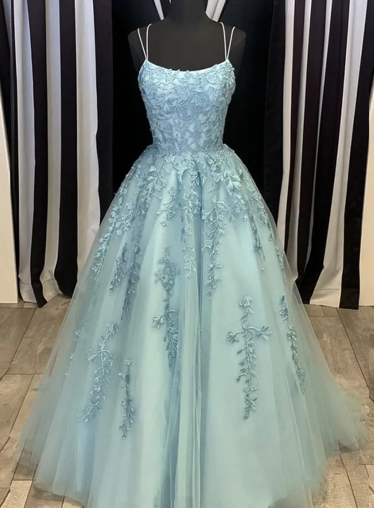 Ball Gown Blue Criss Cross Back Prom Dress