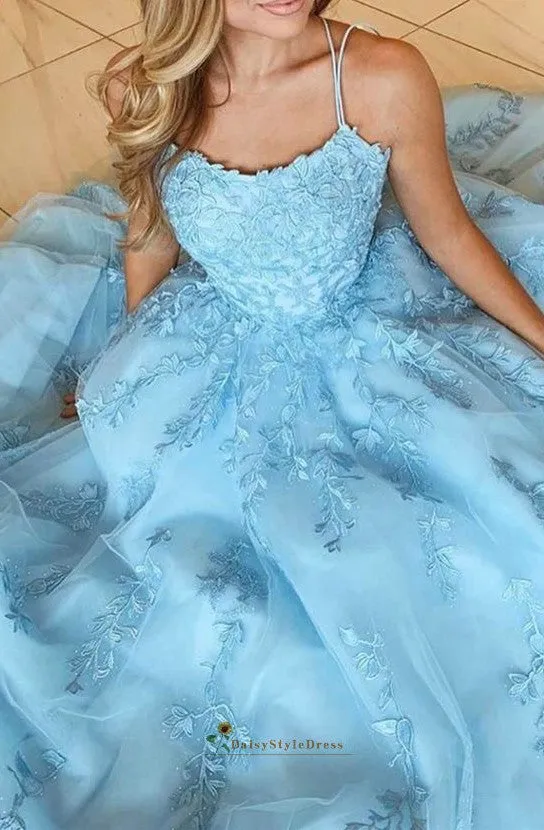 Ball Gown Blue Criss Cross Back Prom Dress