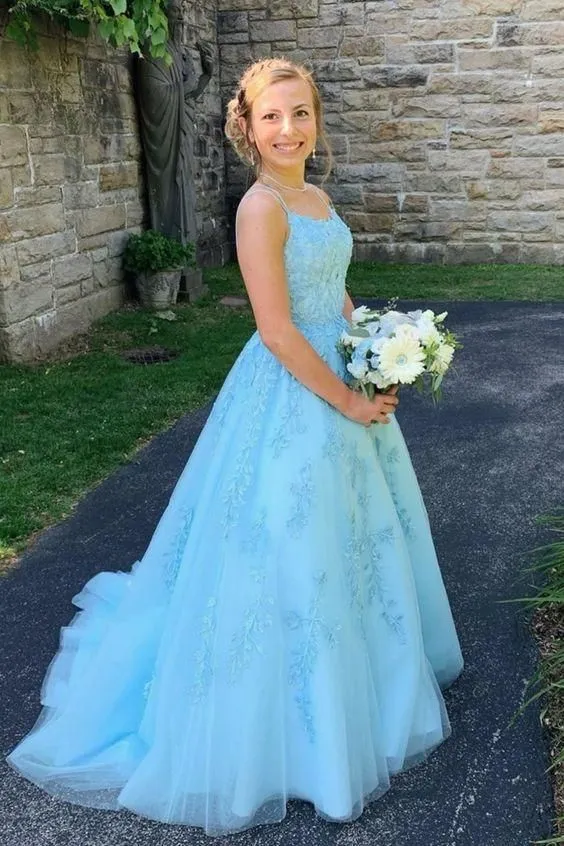 Ball Gown Blue Criss Cross Back Prom Dress