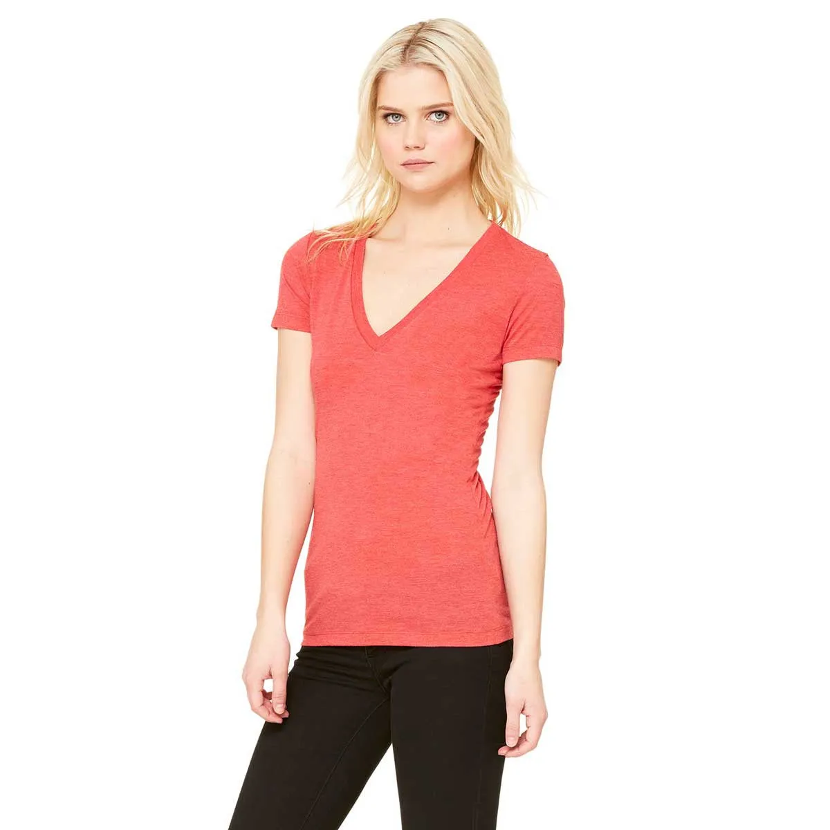 Bella   Canvas Women's Red Triblend Short-Sleeve Deep V-Neck T-Shirt