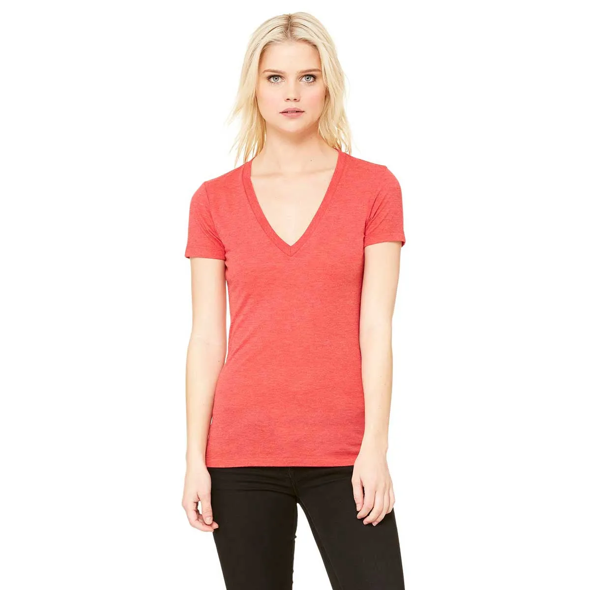 Bella   Canvas Women's Red Triblend Short-Sleeve Deep V-Neck T-Shirt