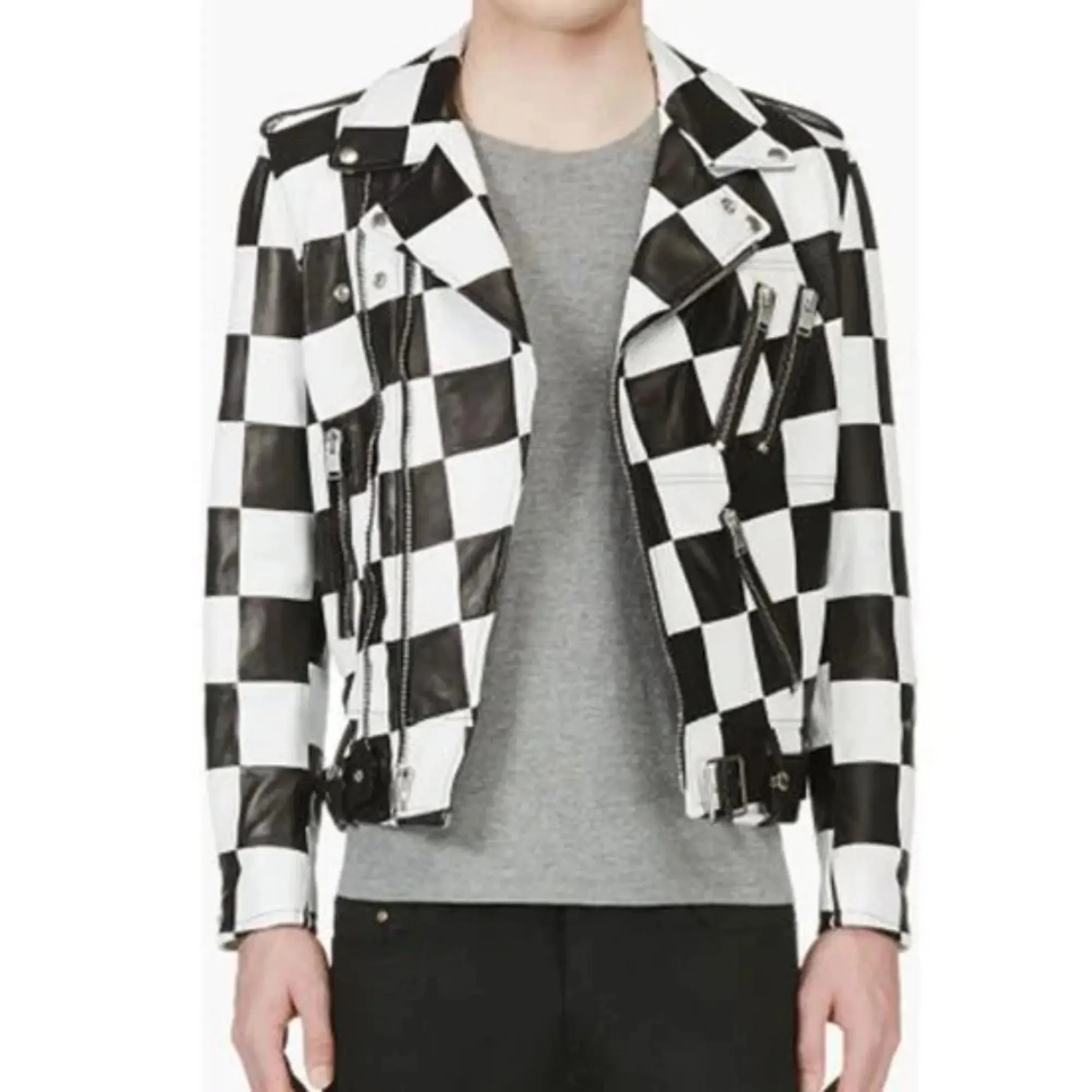 Belted CheckBoard Leather Jacket