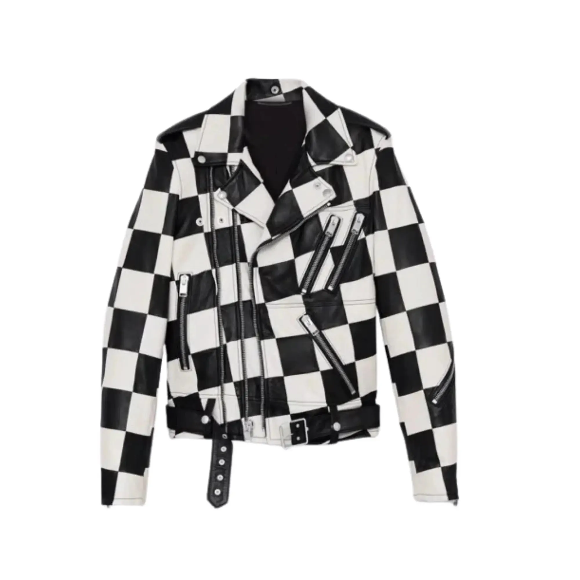 Belted CheckBoard Leather Jacket