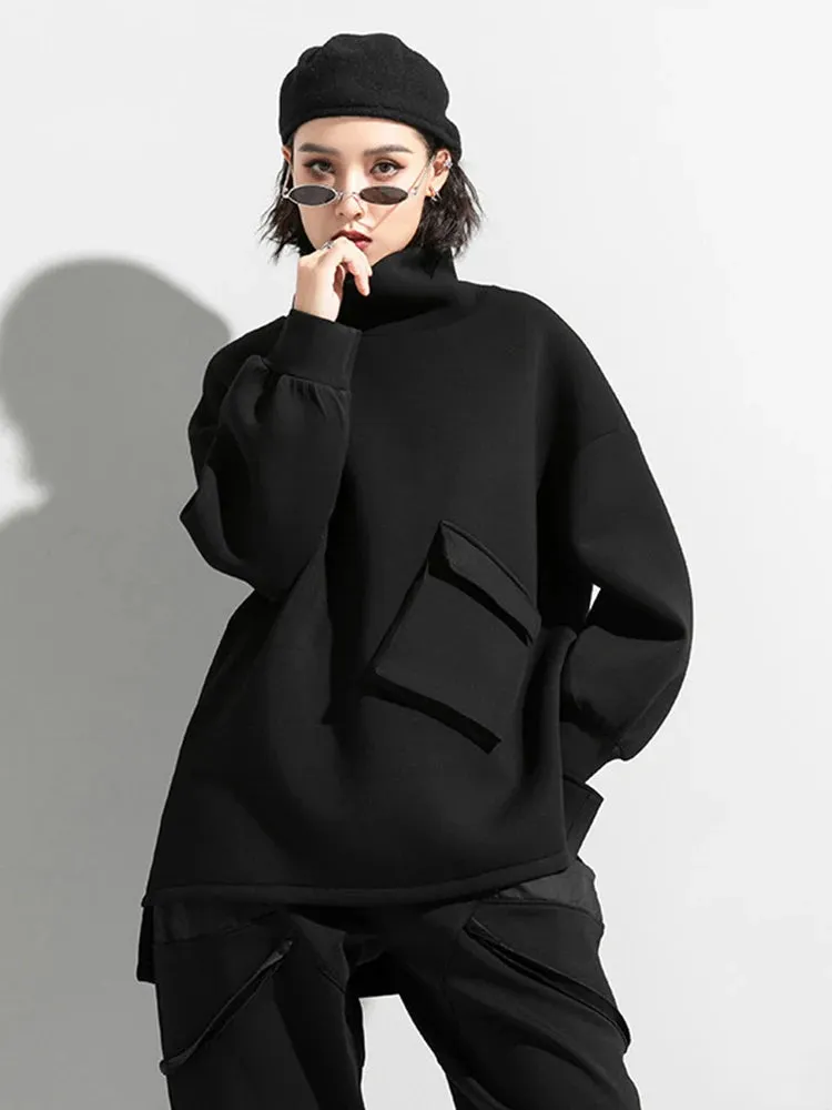 Big Size Pocket Irregular T-shirt New Turtleneck Long Batwing Sleeve