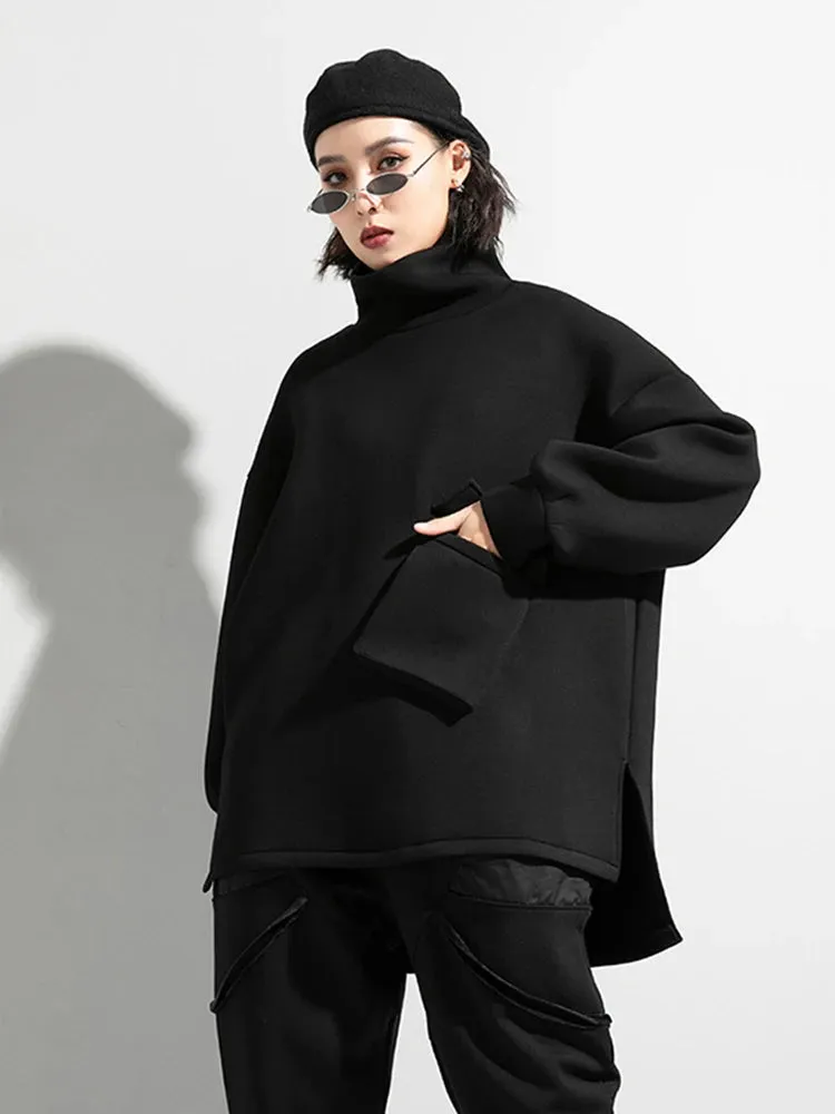 Big Size Pocket Irregular T-shirt New Turtleneck Long Batwing Sleeve