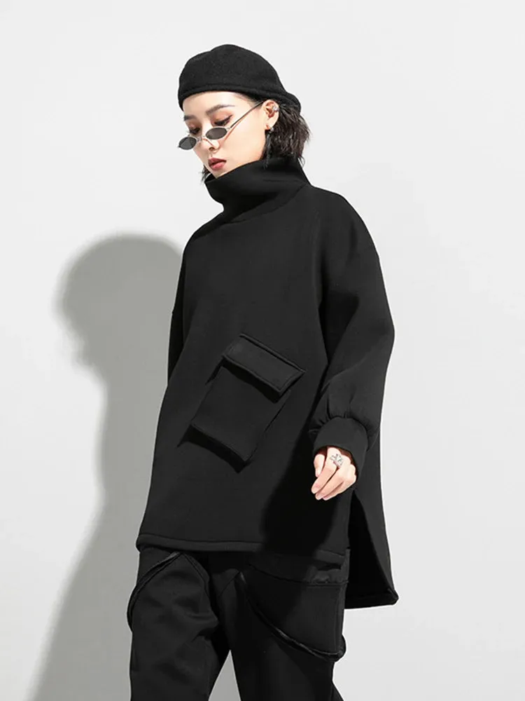 Big Size Pocket Irregular T-shirt New Turtleneck Long Batwing Sleeve