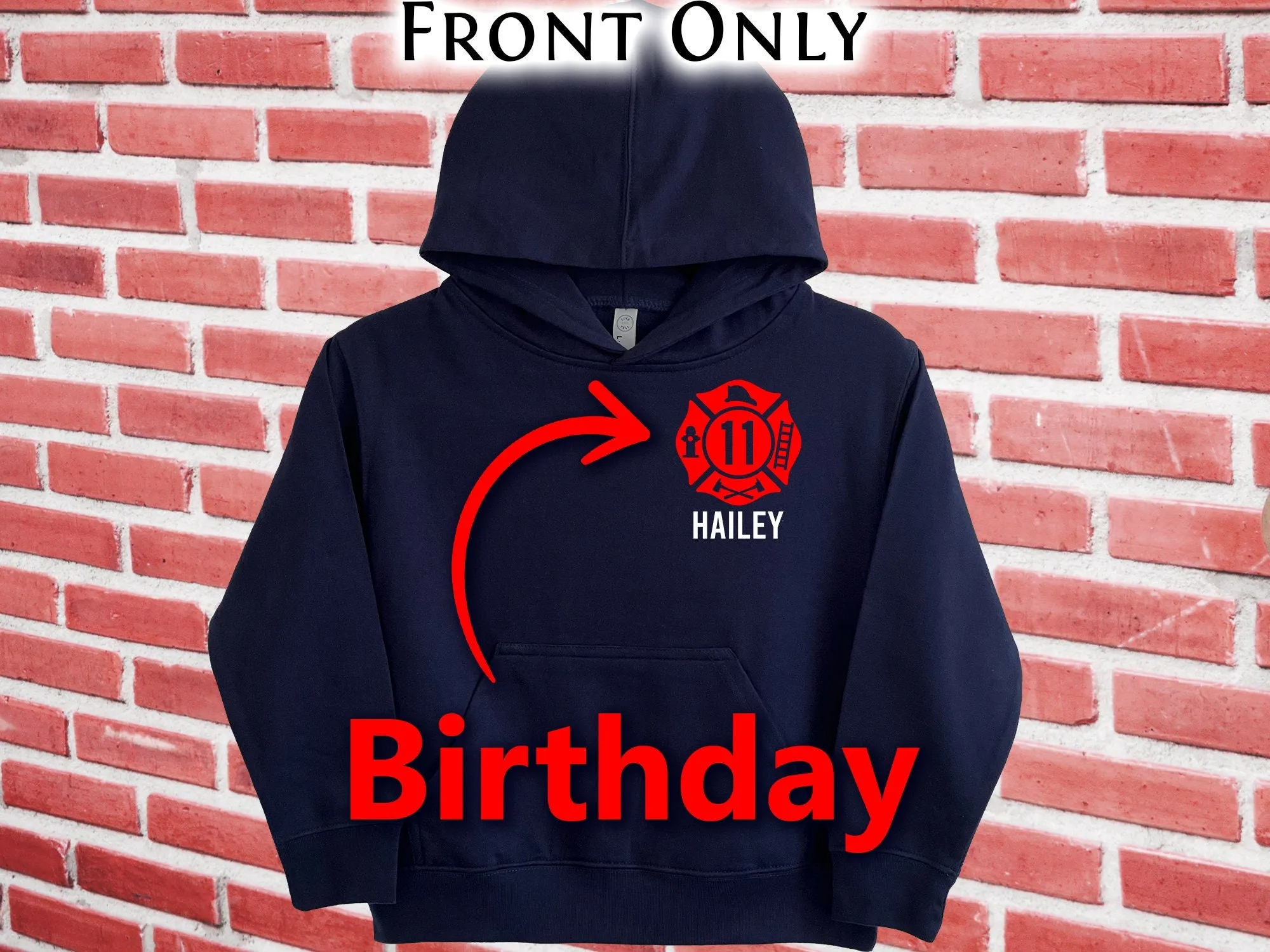 Birthday Firefighter Youth Sized Hoodie in Navy with Maltese Cross and Personalized Name - Optional Fire Department on Back