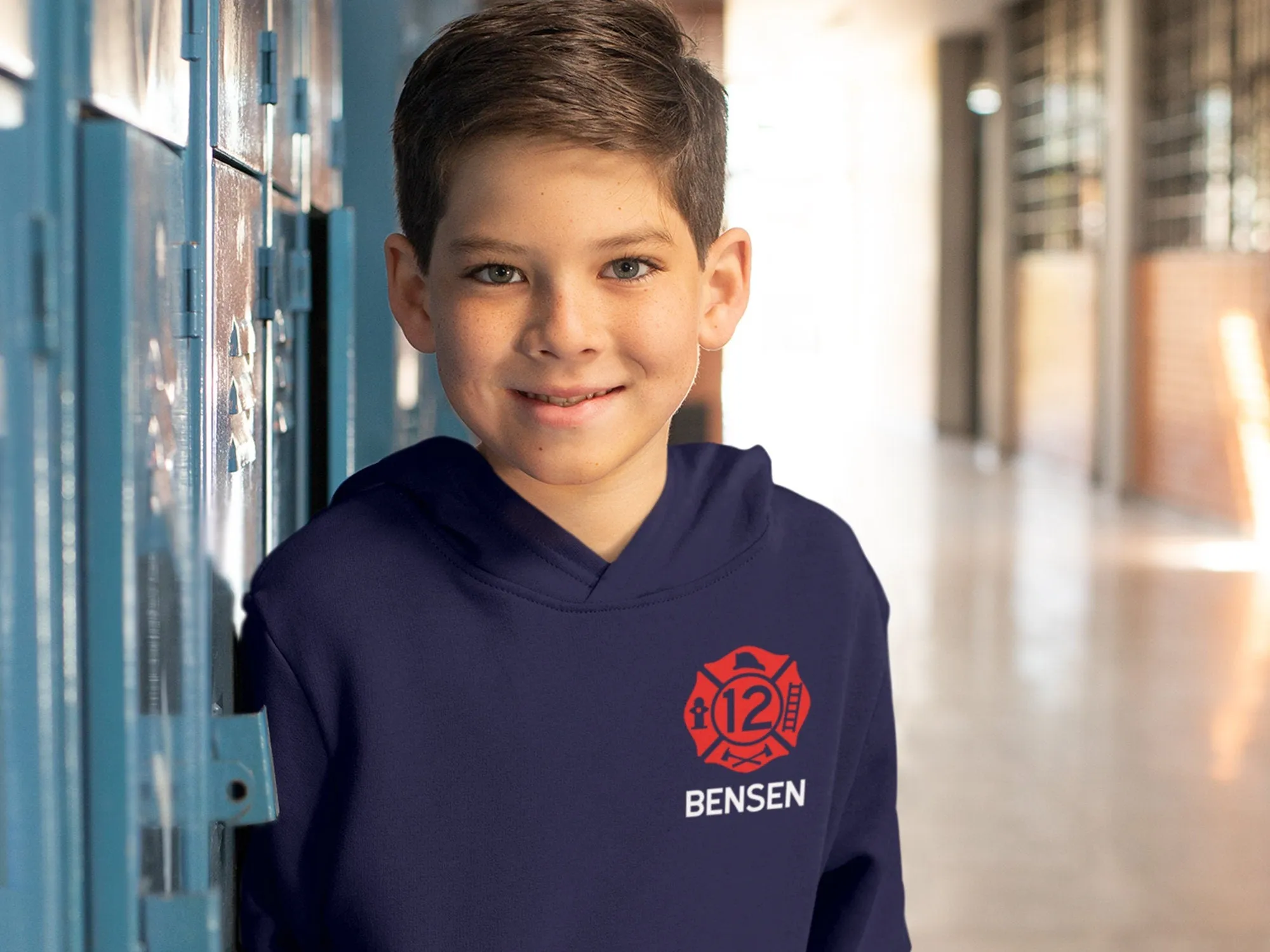 Birthday Firefighter Youth Sized Hoodie in Navy with Maltese Cross and Personalized Name - Optional Fire Department on Back