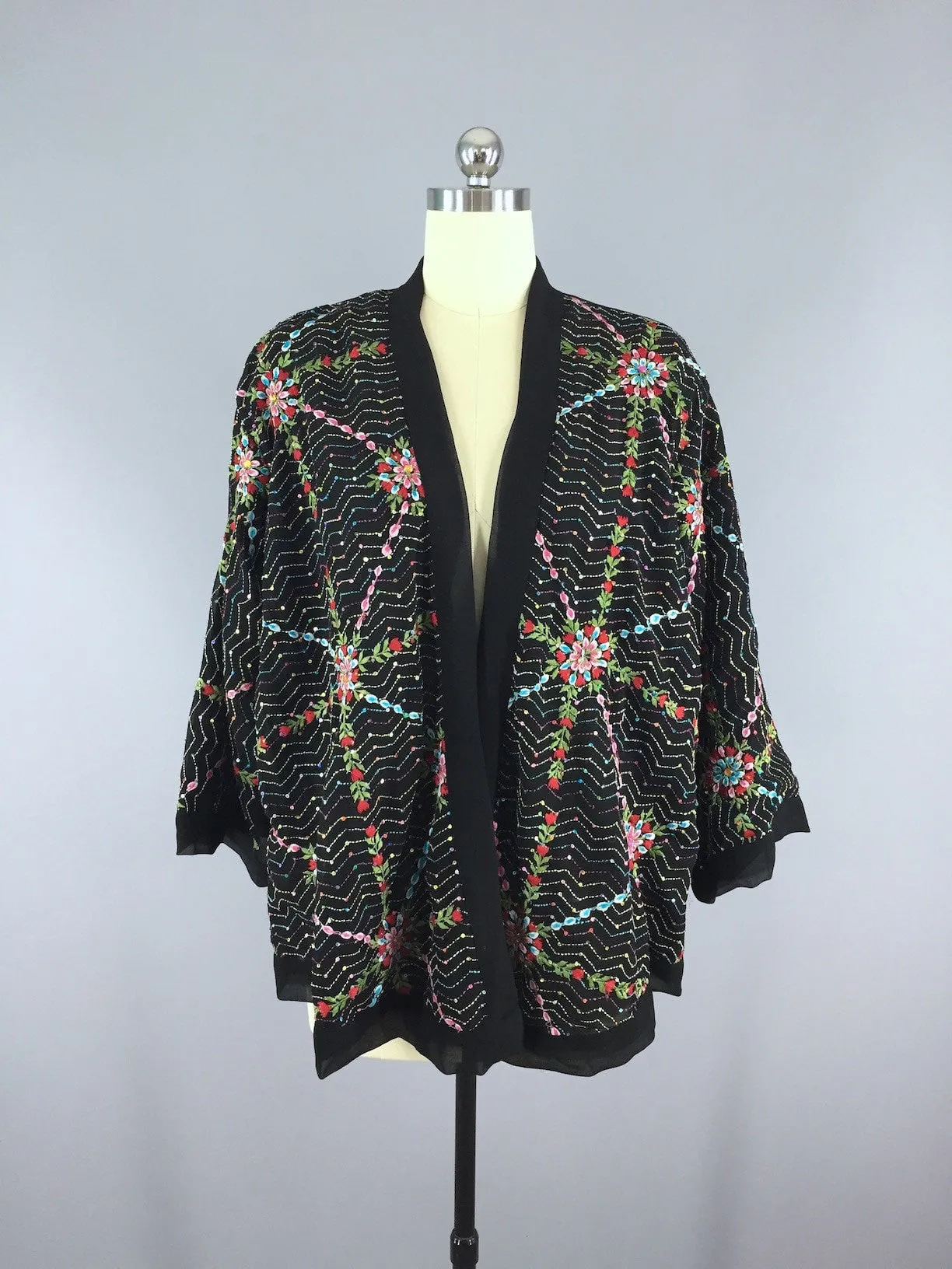 Black Embroidered Silk Chiffon Kimono Cardigan made from a Vintage Indian Sari