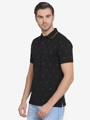 Black Printed Slim Fit Polo T-shirt  | Greenfibre