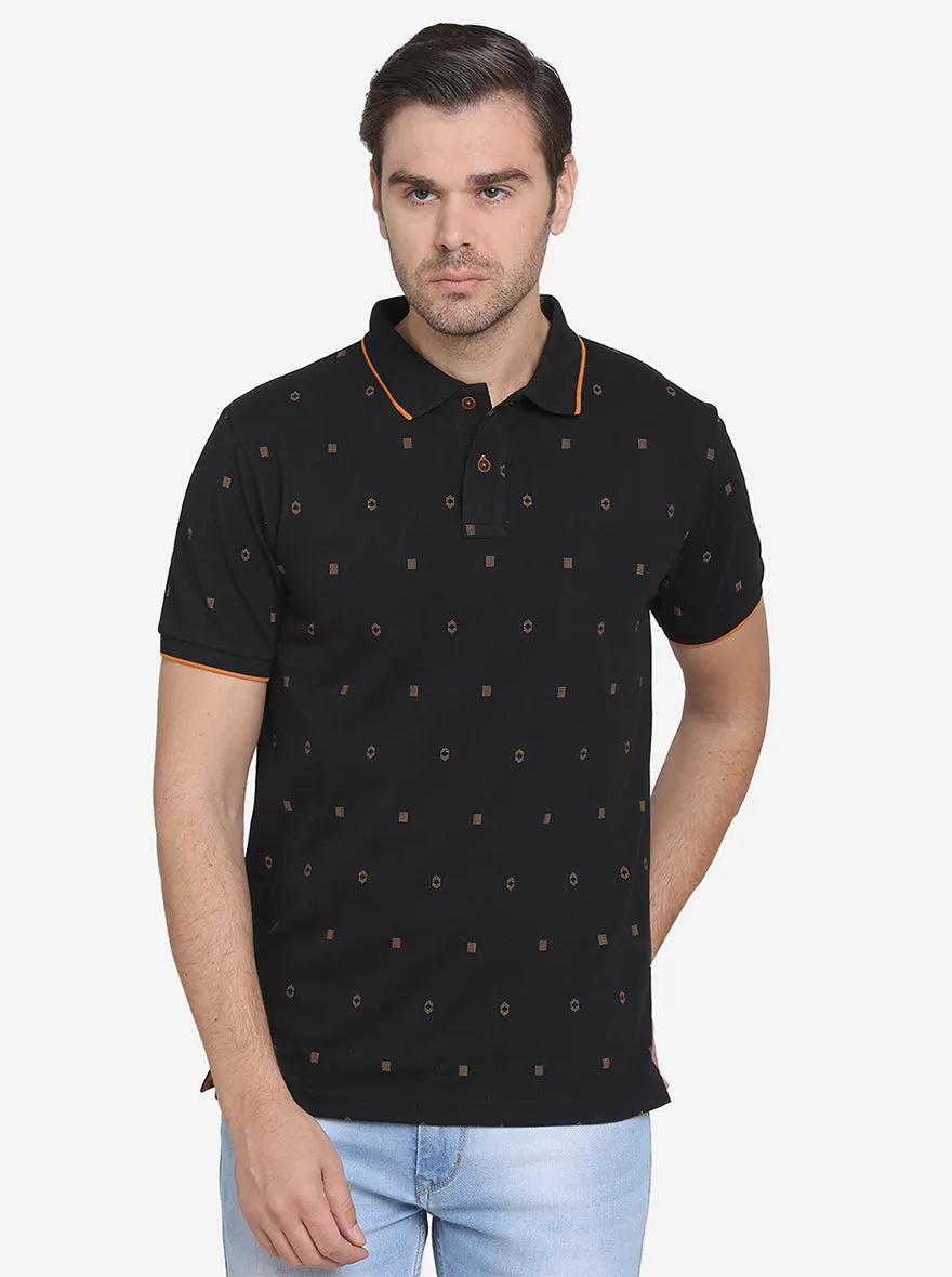 Black Printed Slim Fit Polo T-shirt  | Greenfibre