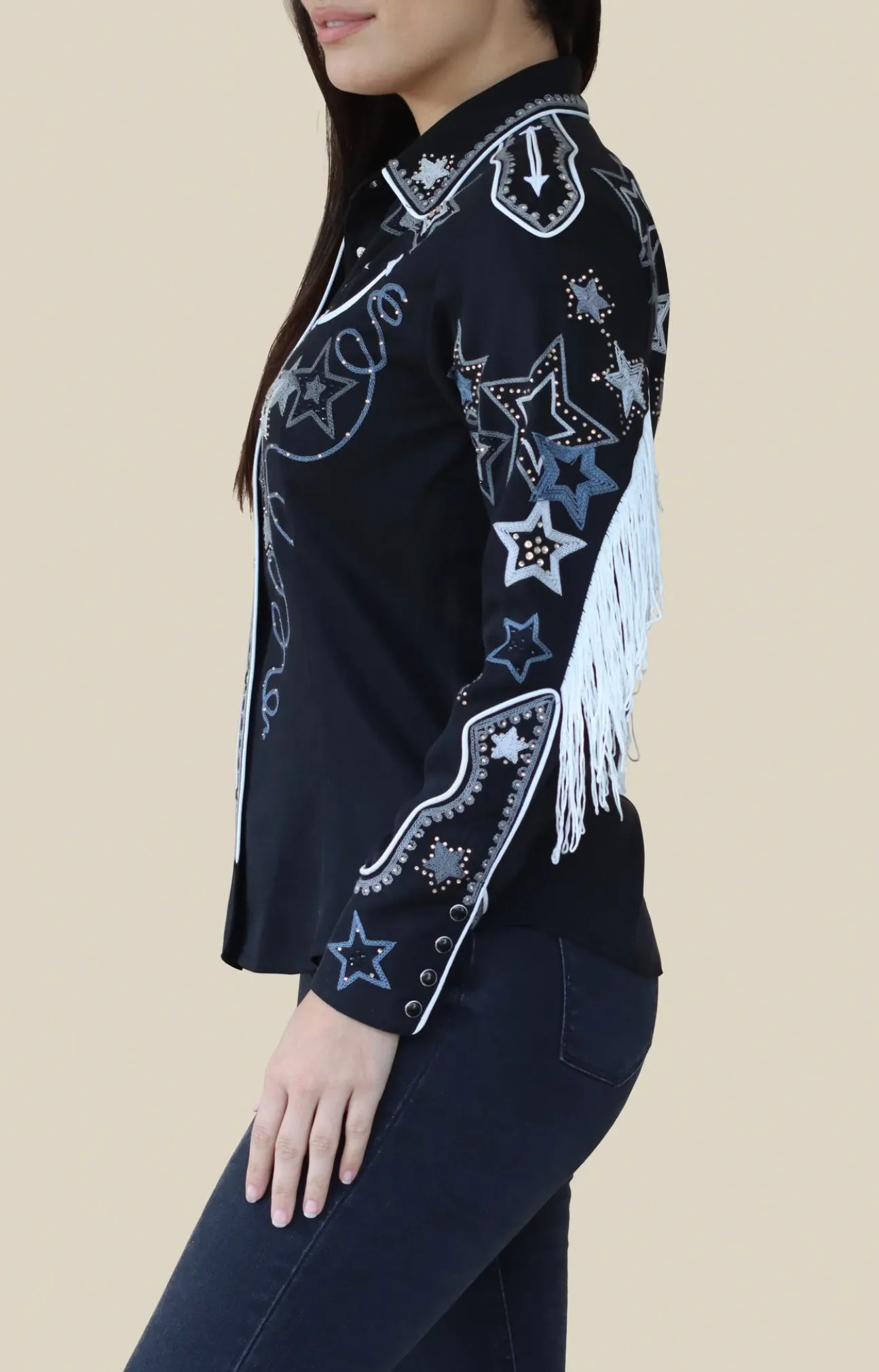 Black Shirt Embroidered Full Fringe on Sleeves and Back!