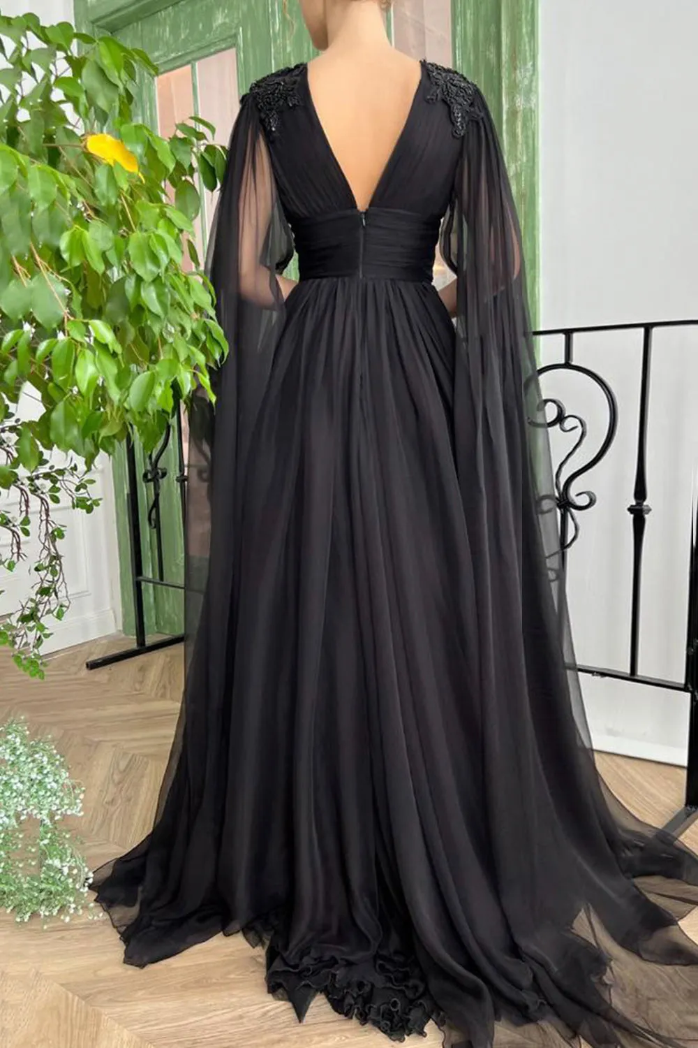 Black V-Neck Chiffon Long Prom Dress, Long Sleeve A-Line Party Dress