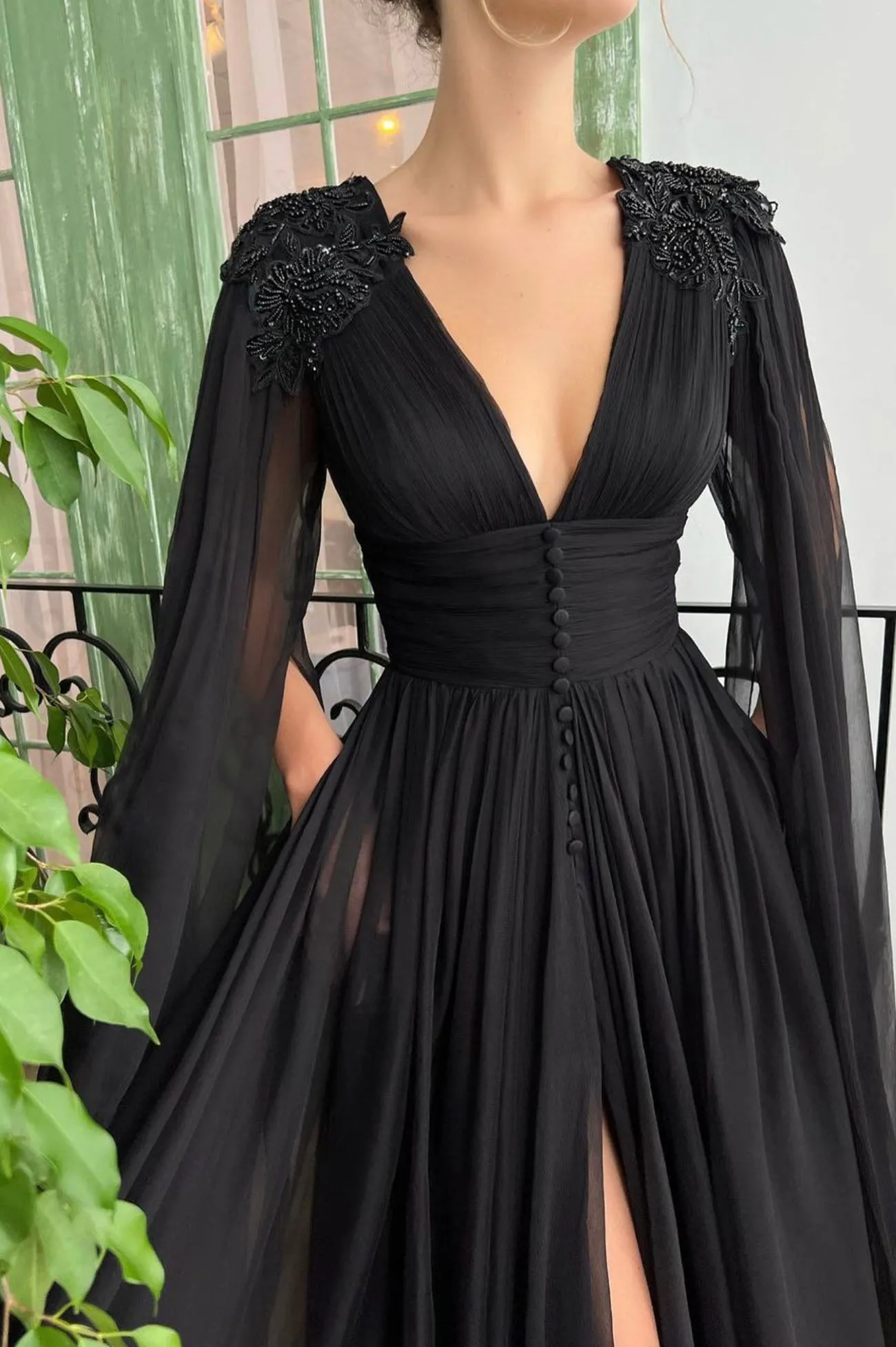 Black V-Neck Chiffon Long Prom Dress, Long Sleeve A-Line Party Dress