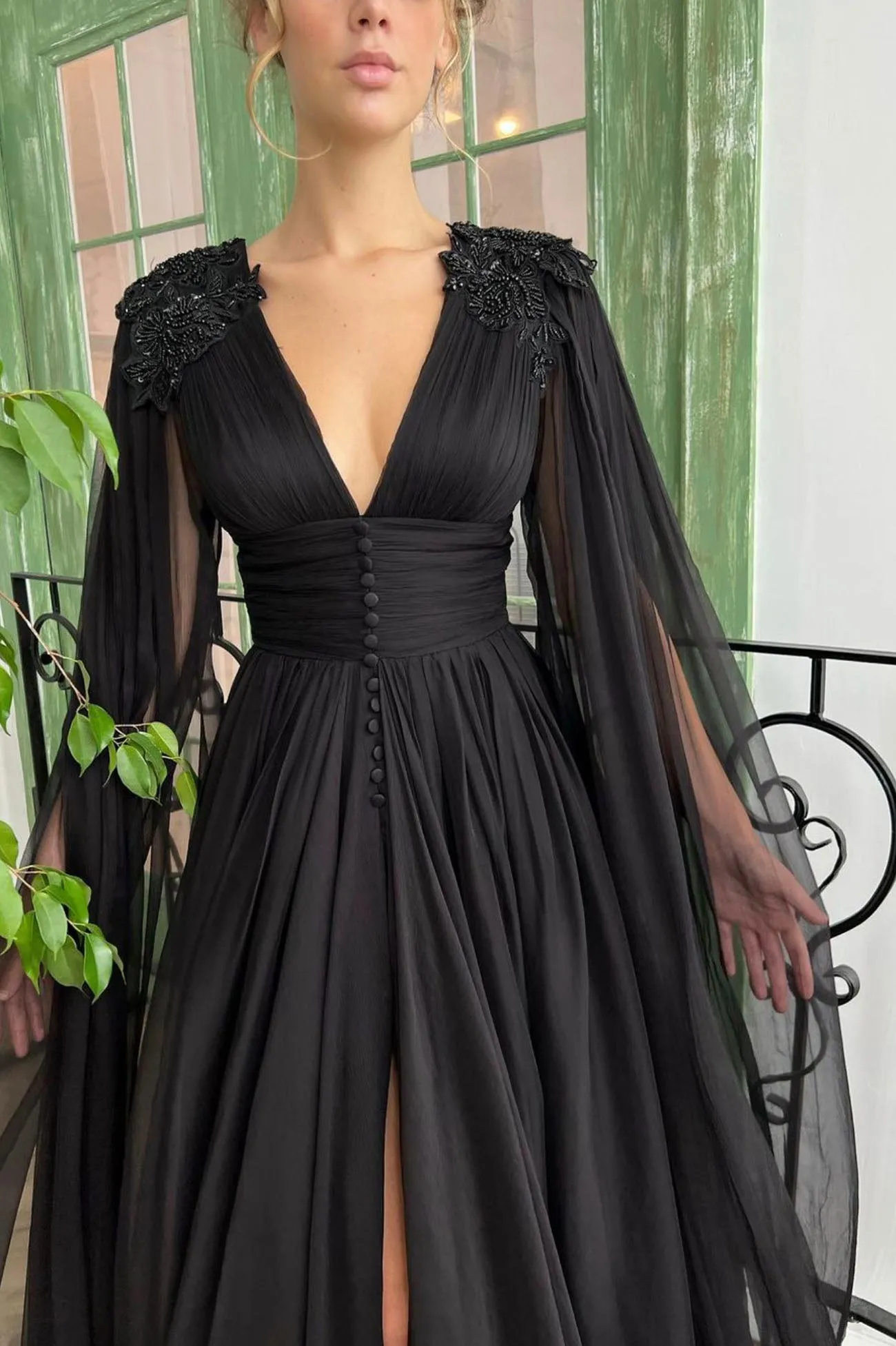 Black V-Neck Chiffon Long Prom Dress, Long Sleeve A-Line Party Dress