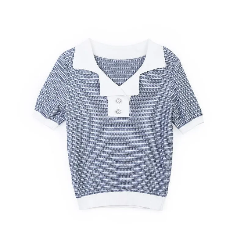 Blue Knit Short Sleeve Stripe T-shirt