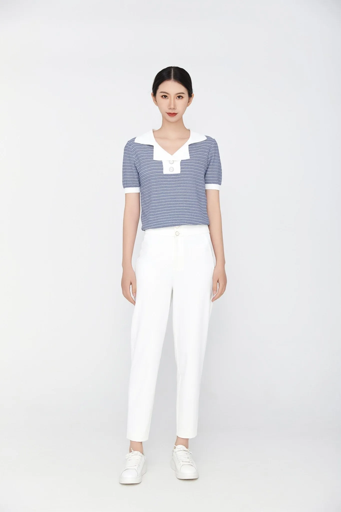 Blue Knit Short Sleeve Stripe T-shirt