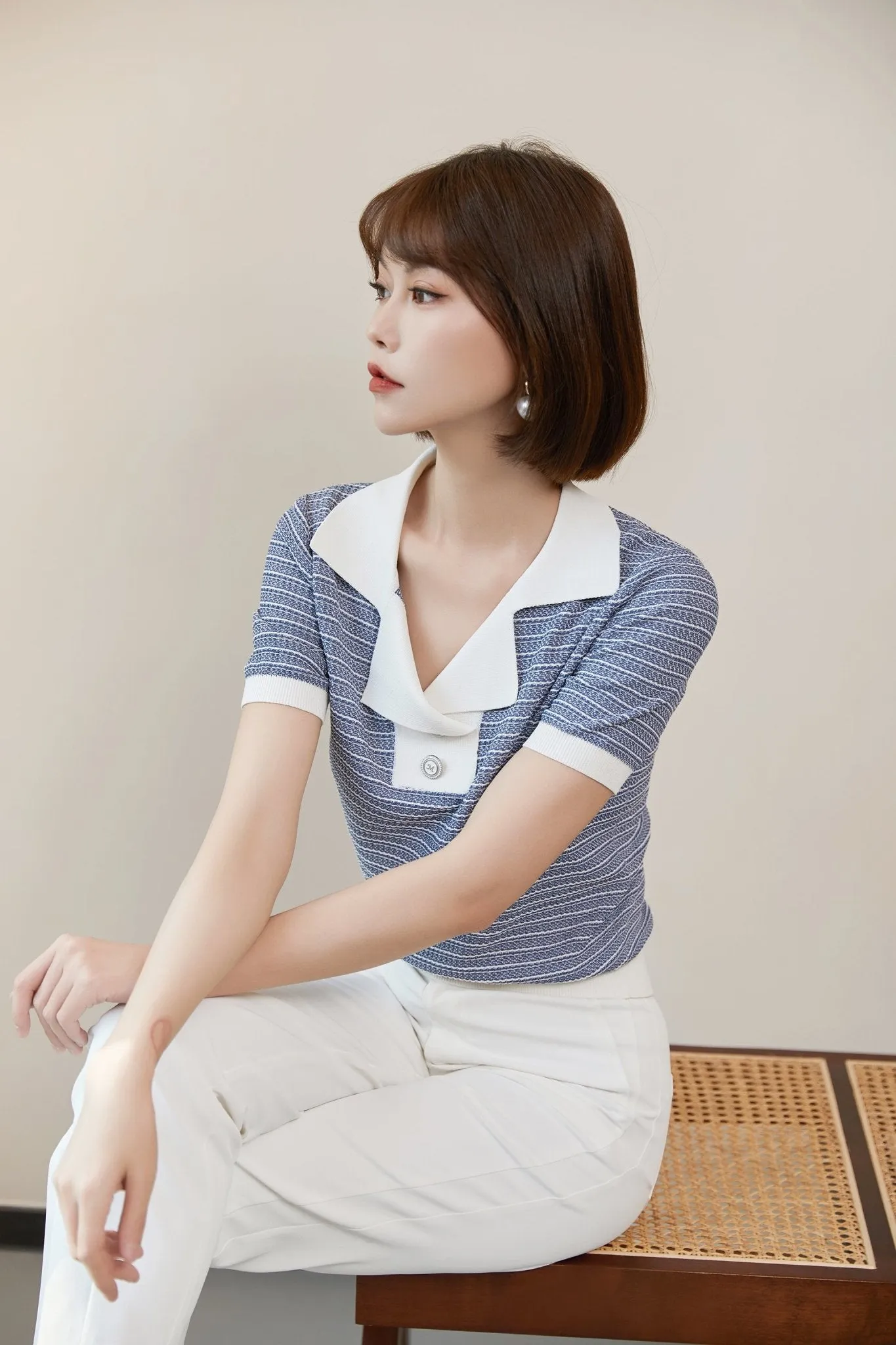 Blue Knit Short Sleeve Stripe T-shirt