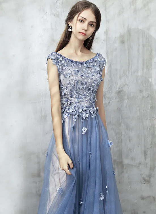 Blue Scoop Neckline Lace Long Prom Dress, Blue A-Line Evening Party Dress