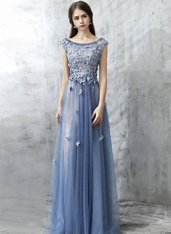 Blue Scoop Neckline Lace Long Prom Dress, Blue A-Line Evening Party Dress