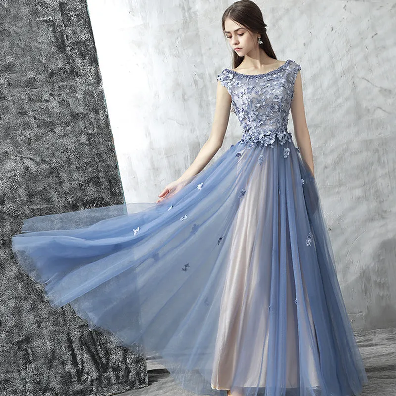 Blue Scoop Neckline Lace Long Prom Dress, Blue A-Line Evening Party Dress