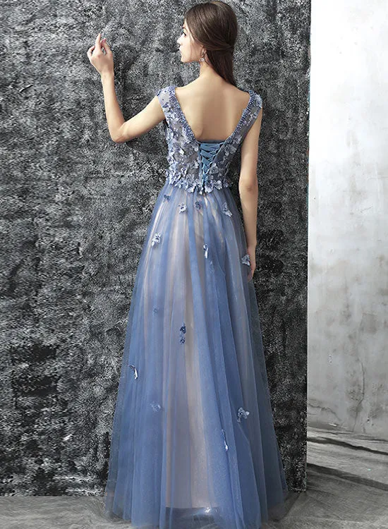 Blue Scoop Neckline Lace Long Prom Dress, Blue A-Line Evening Party Dress