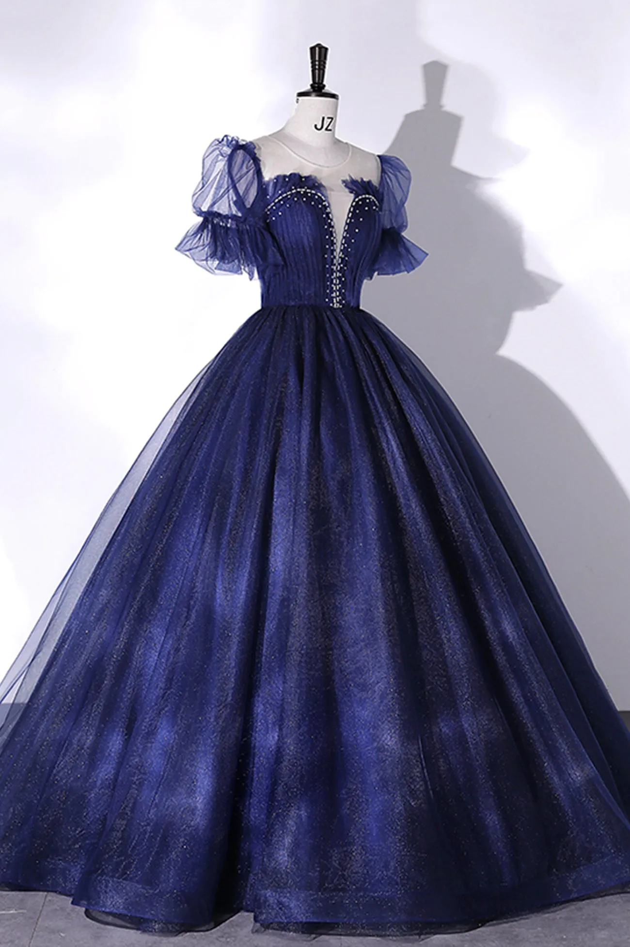 Blue Tulle Long Ball Gown, Blue A-Line Short Sleeve Evening Dress