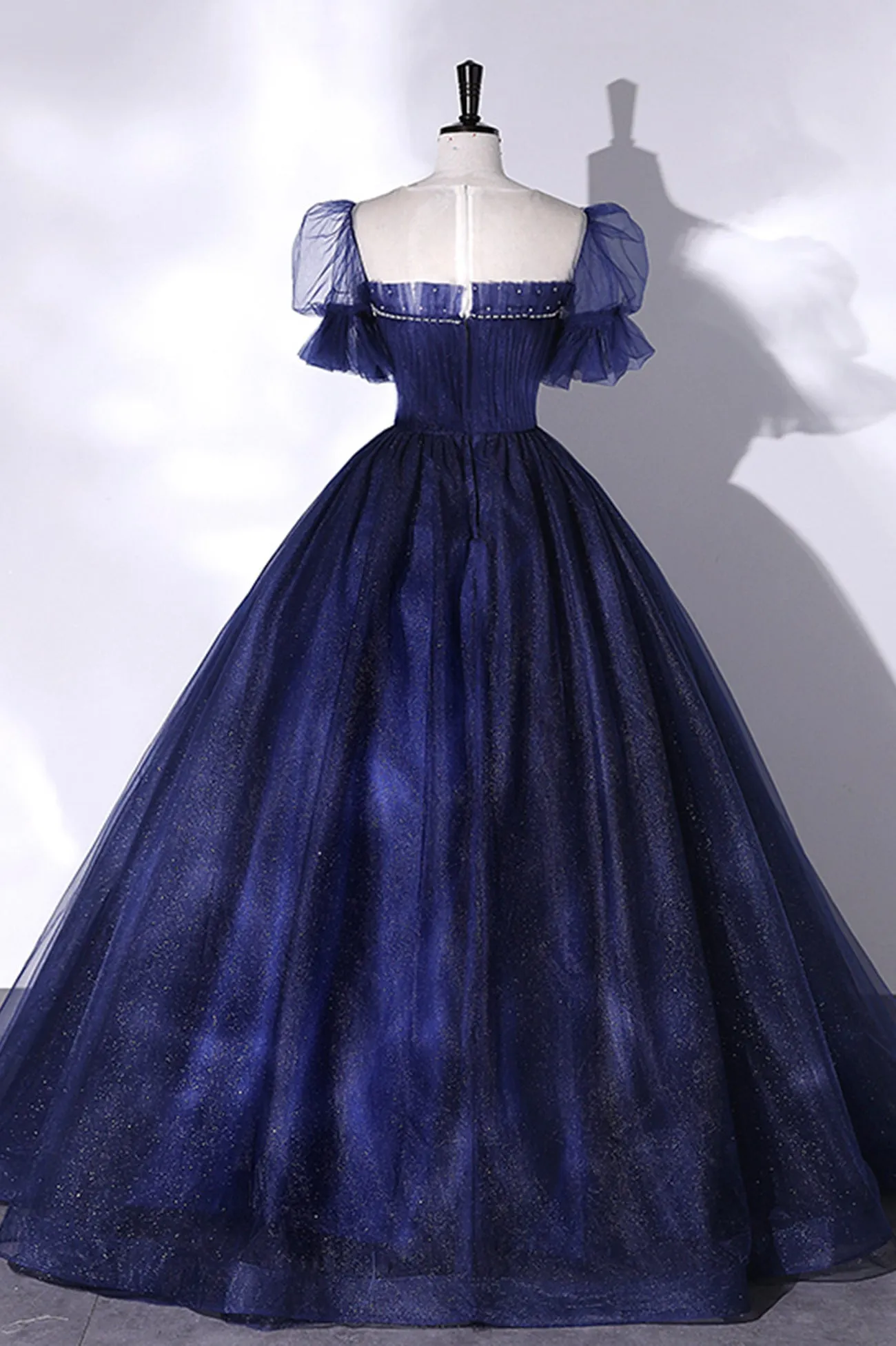 Blue Tulle Long Ball Gown, Blue A-Line Short Sleeve Evening Dress