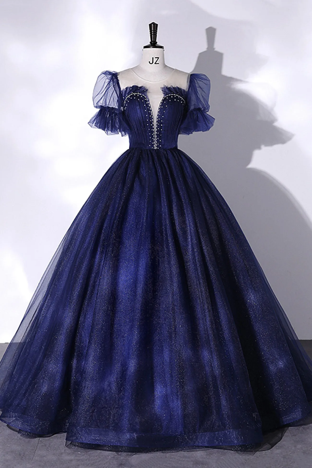 Blue Tulle Long Ball Gown, Blue A-Line Short Sleeve Evening Dress