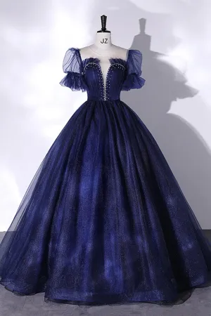 Blue Tulle Long Ball Gown, Blue A-Line Short Sleeve Evening Dress