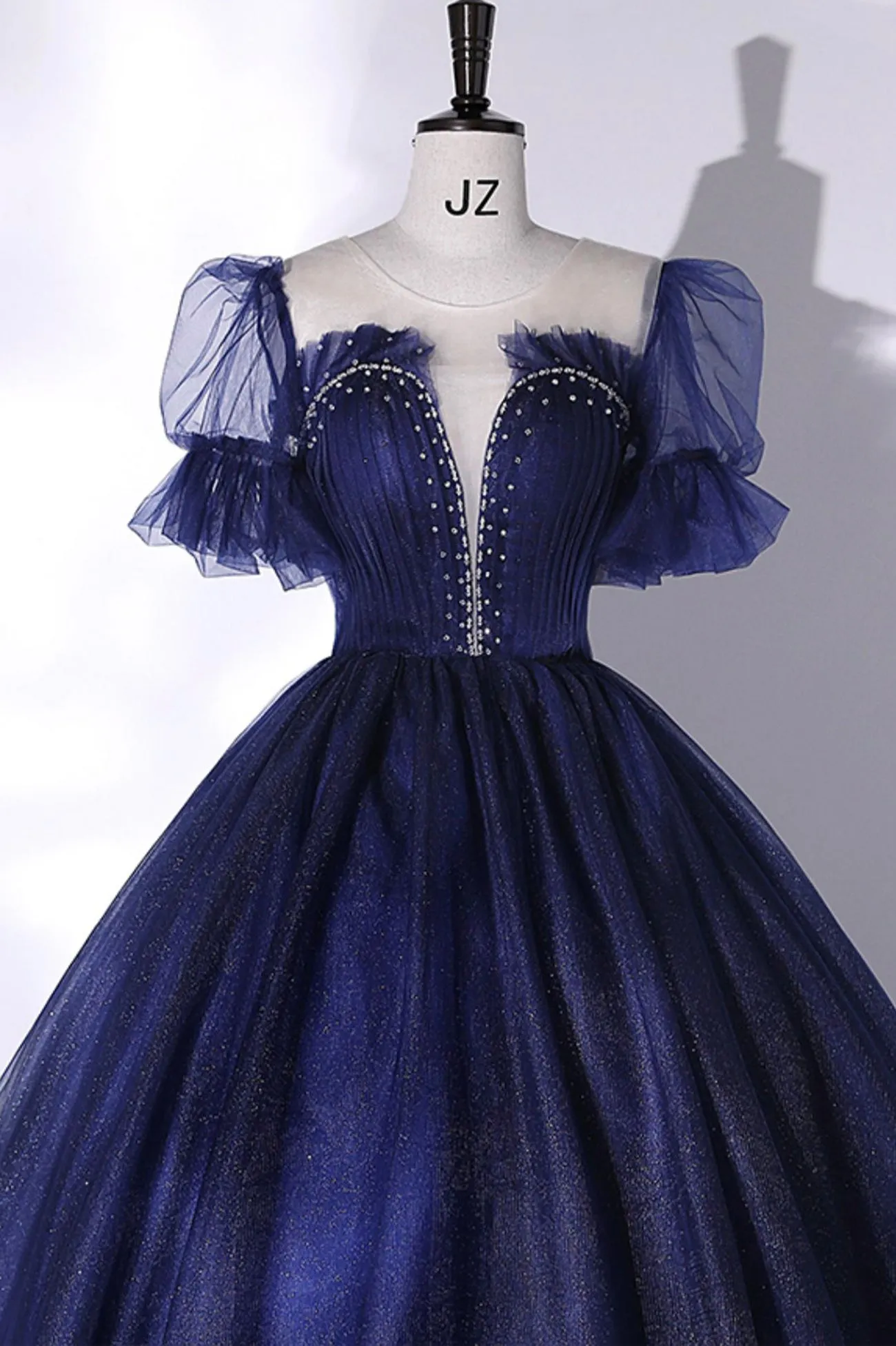 Blue Tulle Long Ball Gown, Blue A-Line Short Sleeve Evening Dress