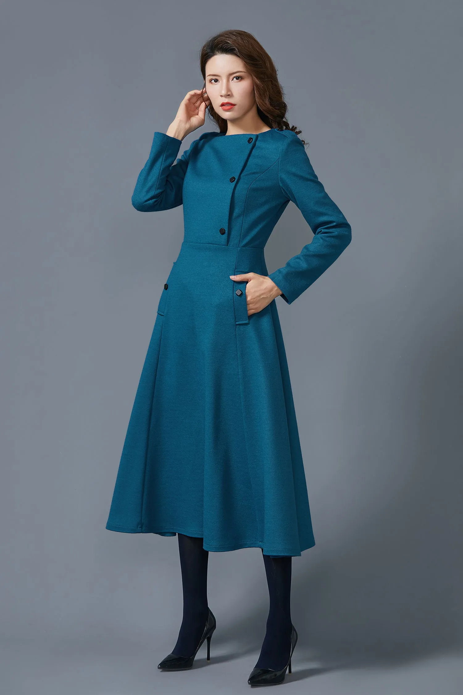 Blue wool dress with pockets warm handmade dress C1612-US14 #yy01934