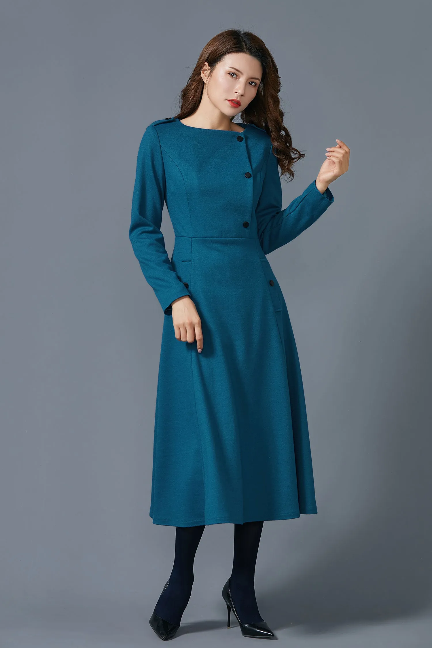 Blue wool dress with pockets warm handmade dress C1612-US14 #yy01934