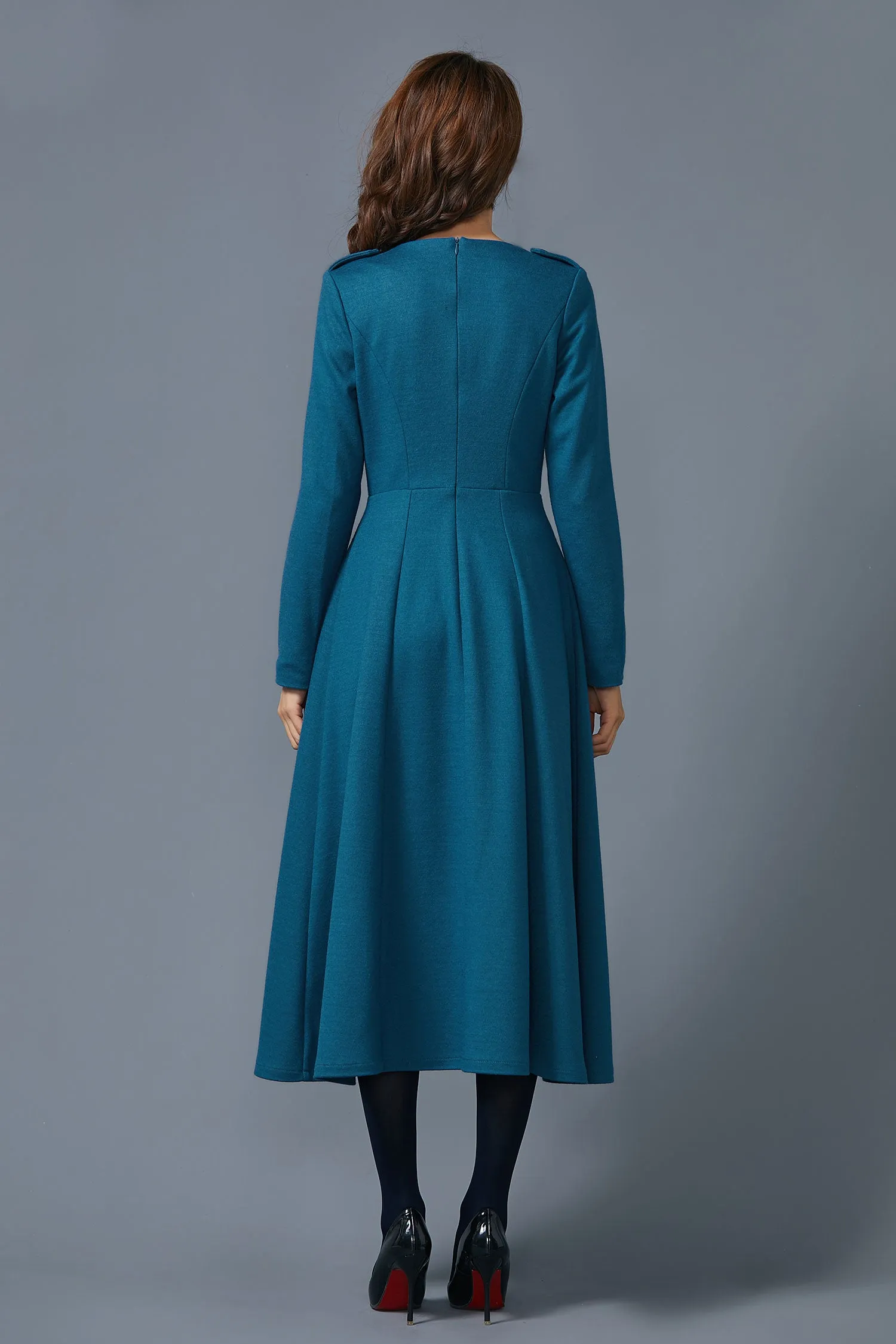 Blue wool dress with pockets warm handmade dress C1612-US14 #yy01934