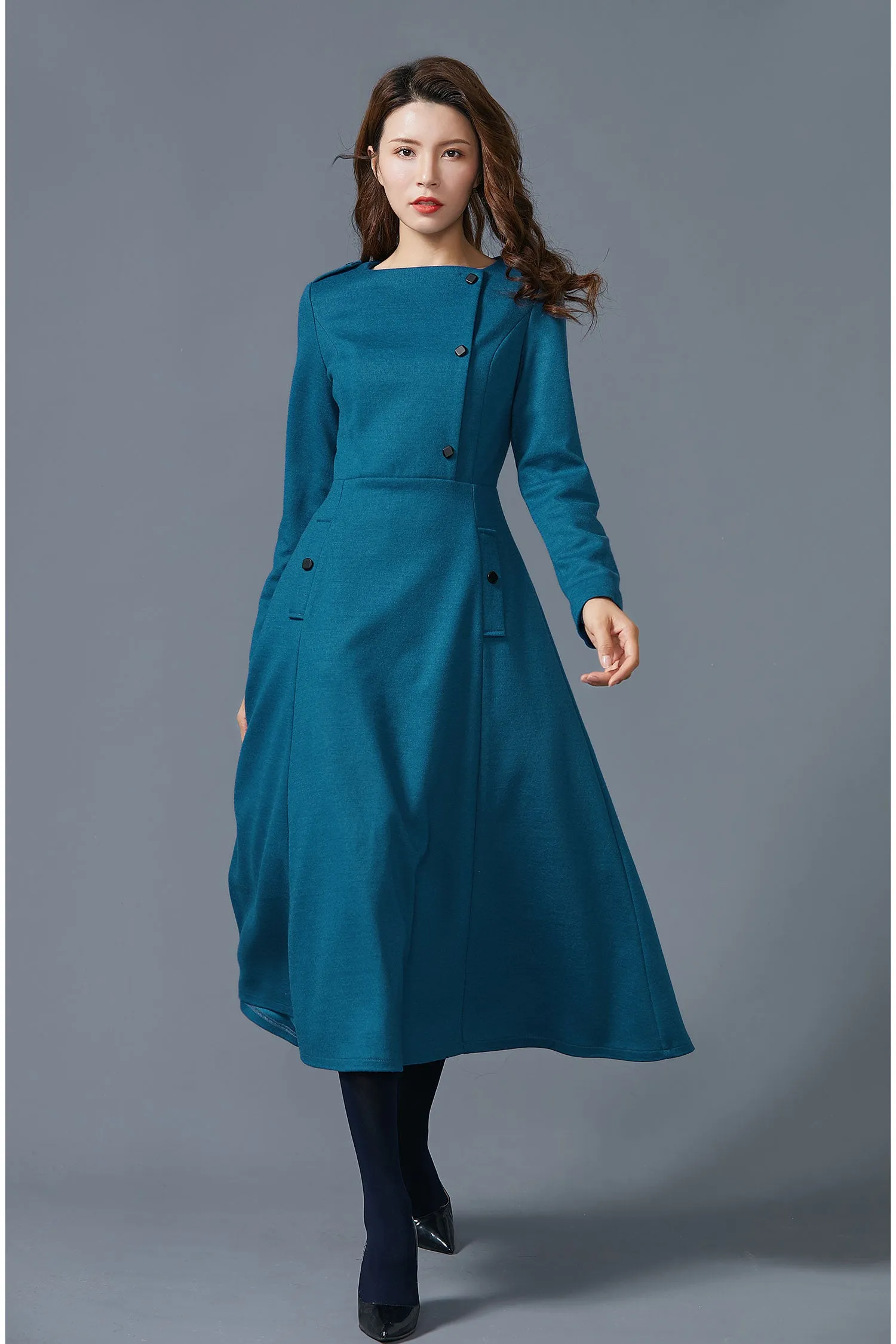 Blue wool dress with pockets warm handmade dress C1612-US14 #yy01934