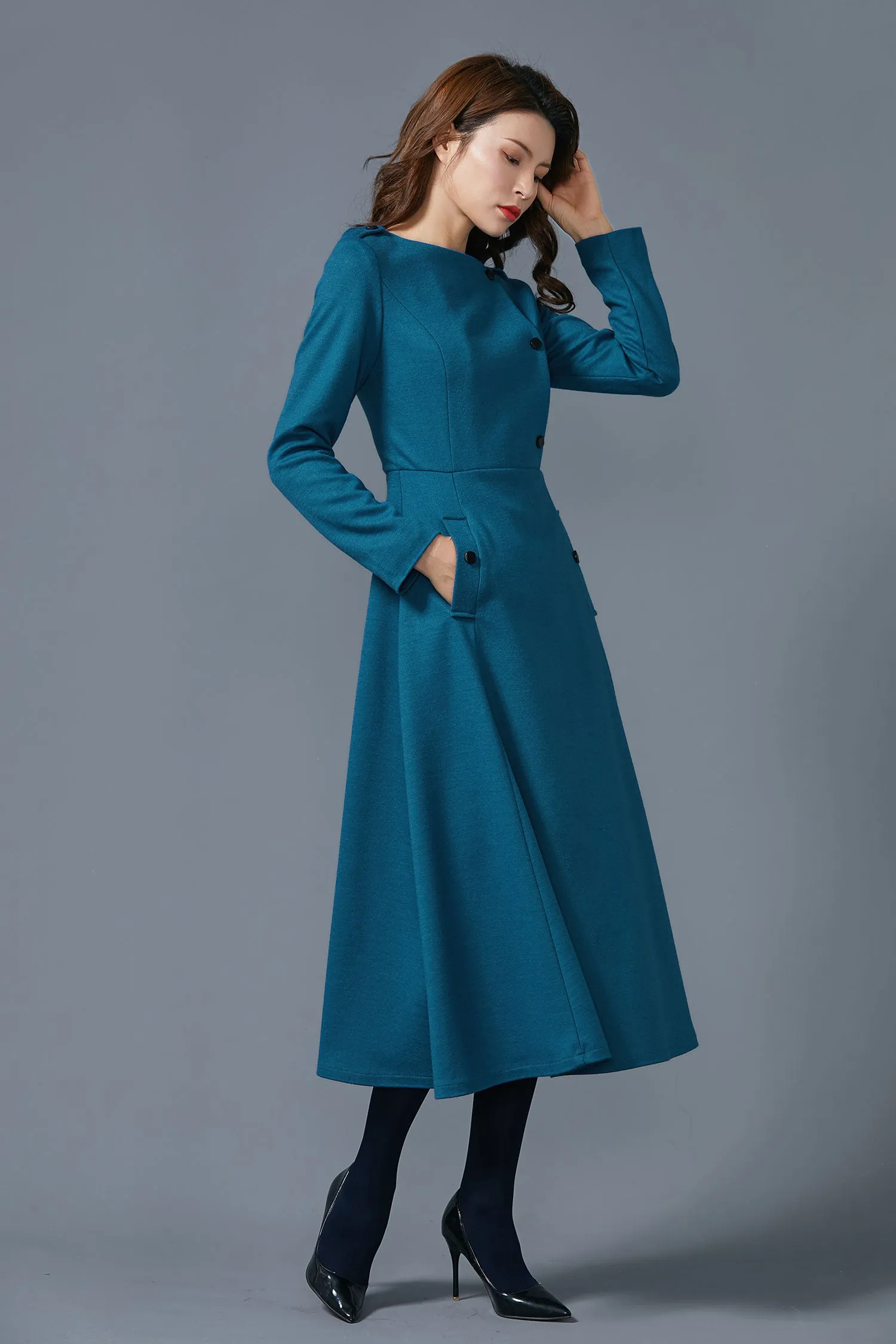 Blue wool dress with pockets warm handmade dress C1612-US14 #yy01934