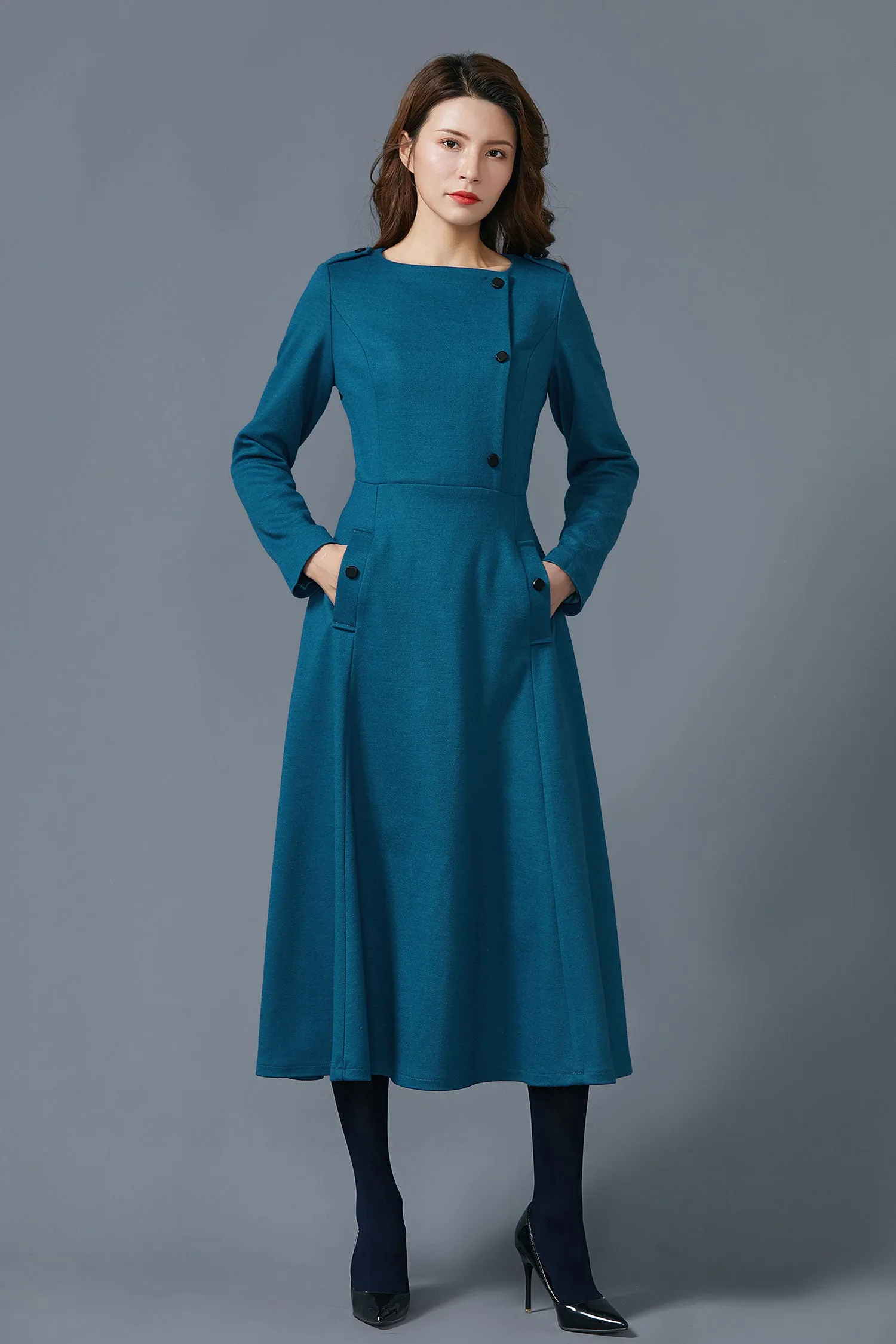 Blue wool dress with pockets warm handmade dress C1612-US14 #yy01934